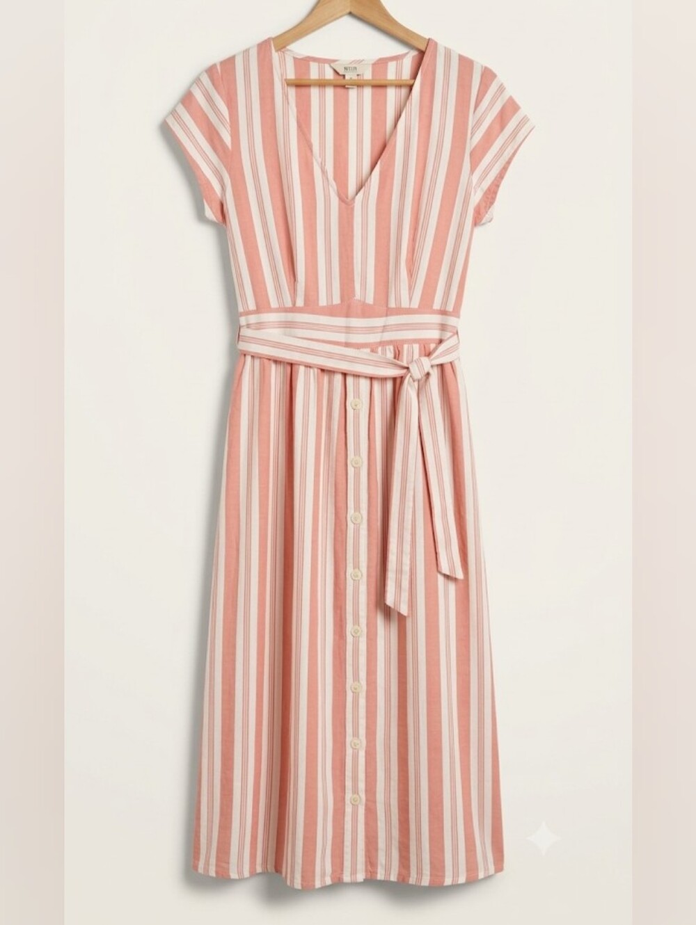 Sezane Coral Pink and White Striped V-Neck Belted Midi Dress